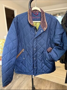 Robert Graham Men's Navy Quilted Puffer Jacket with Brown Trim